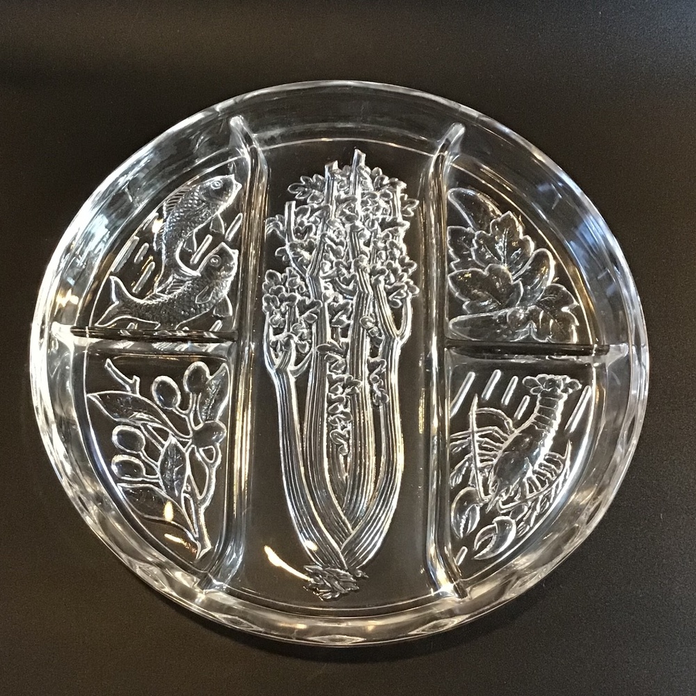 Unique Vintage Divided Glass Relish Serving Dish Plate Platter Garden Vegetable